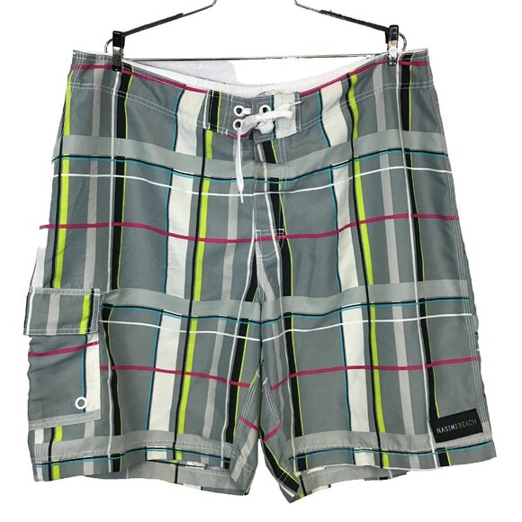 Nasimi Beach Other - Nasimi Beach Mens XXL Waist 39in Board Swim Shorts Hook Loop Closure Plaid Gray